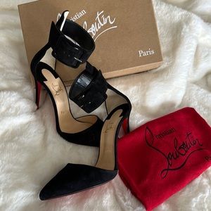 Christian Louboutin black suede ankle strap pumps with protectors on soles